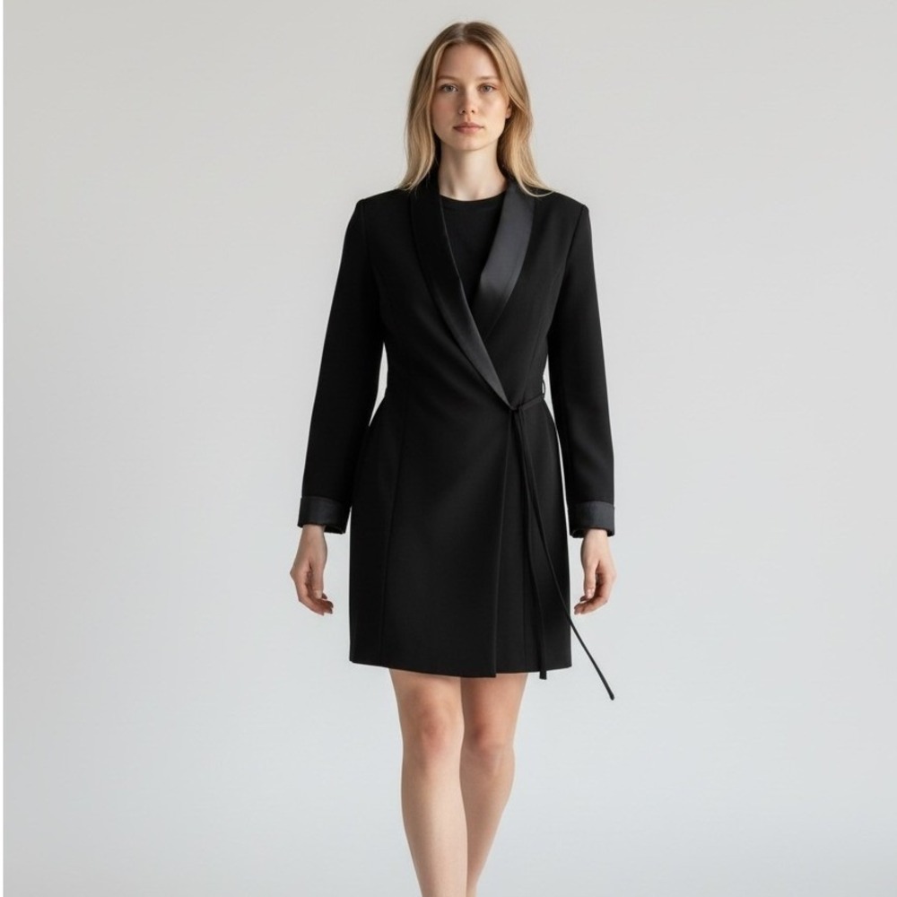 Chaus Black Tuxedo Wrap Dress Satin Trim Shawl Collar Long Sleeve Size 8